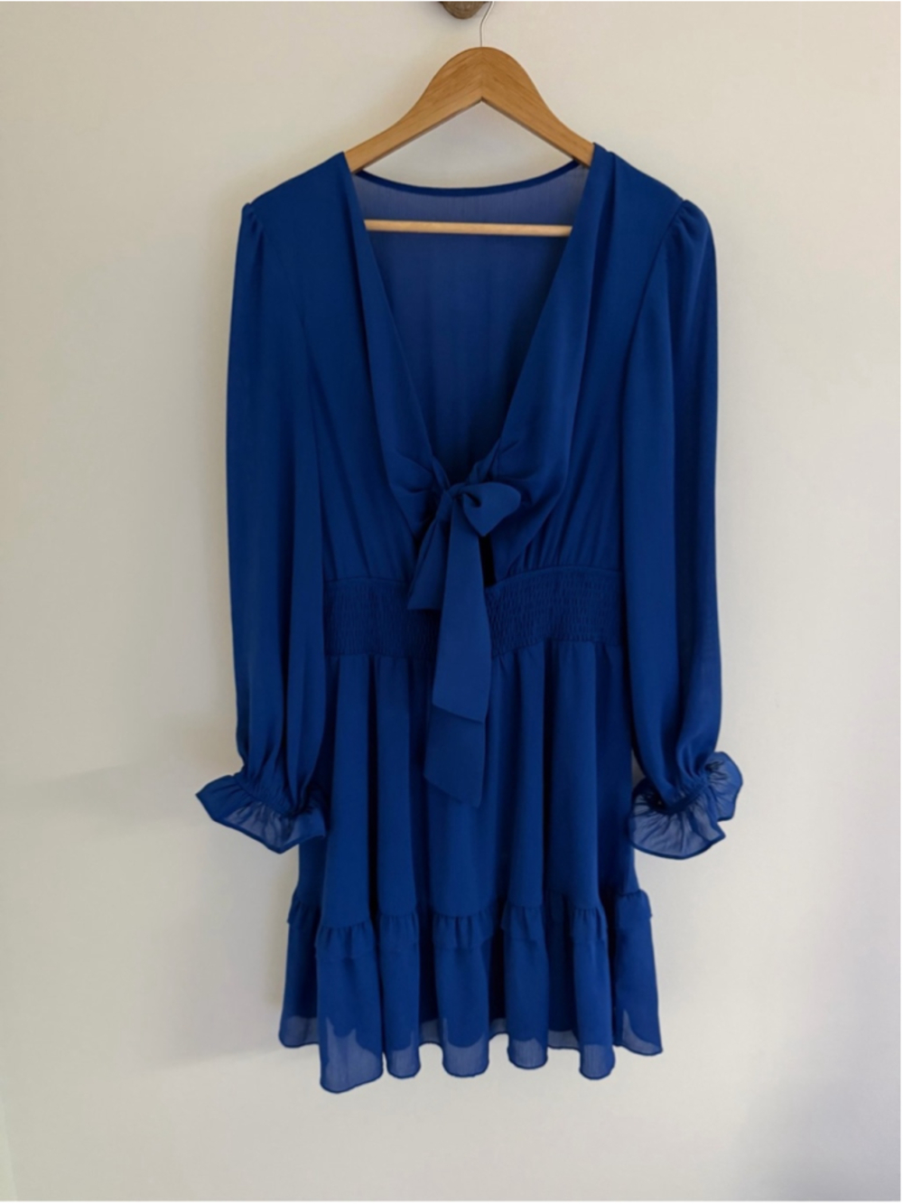 Royal Blue Tie Front Mini Dress Smocked Waist Romantic L